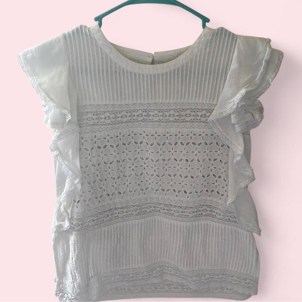 Ralph Lauren White 100% Cotton Ruffle & Eyelet Lace Blouse Size M